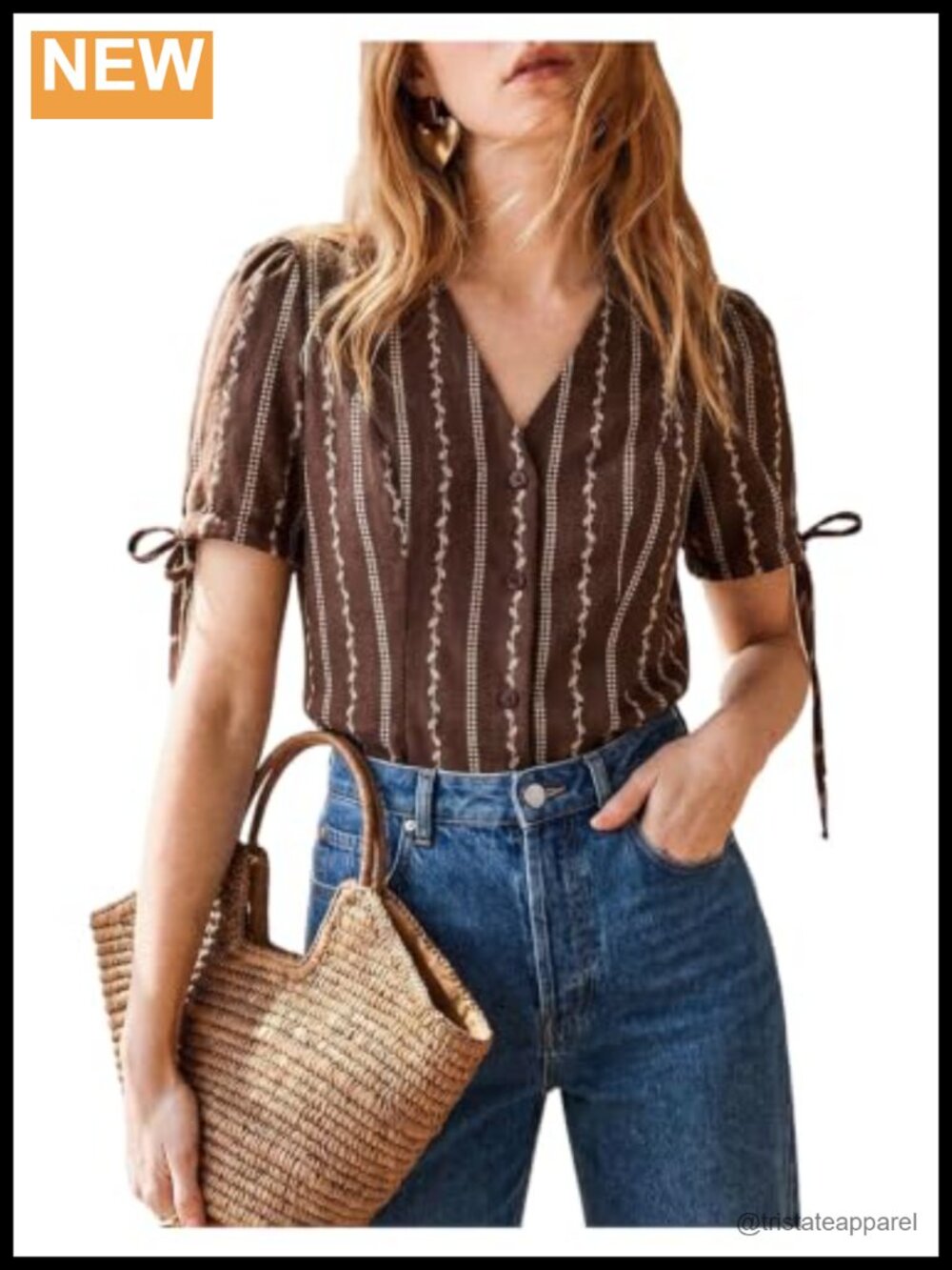 Boho V-Neck Short Sleeve Striped Button Down Blouse--Polyester